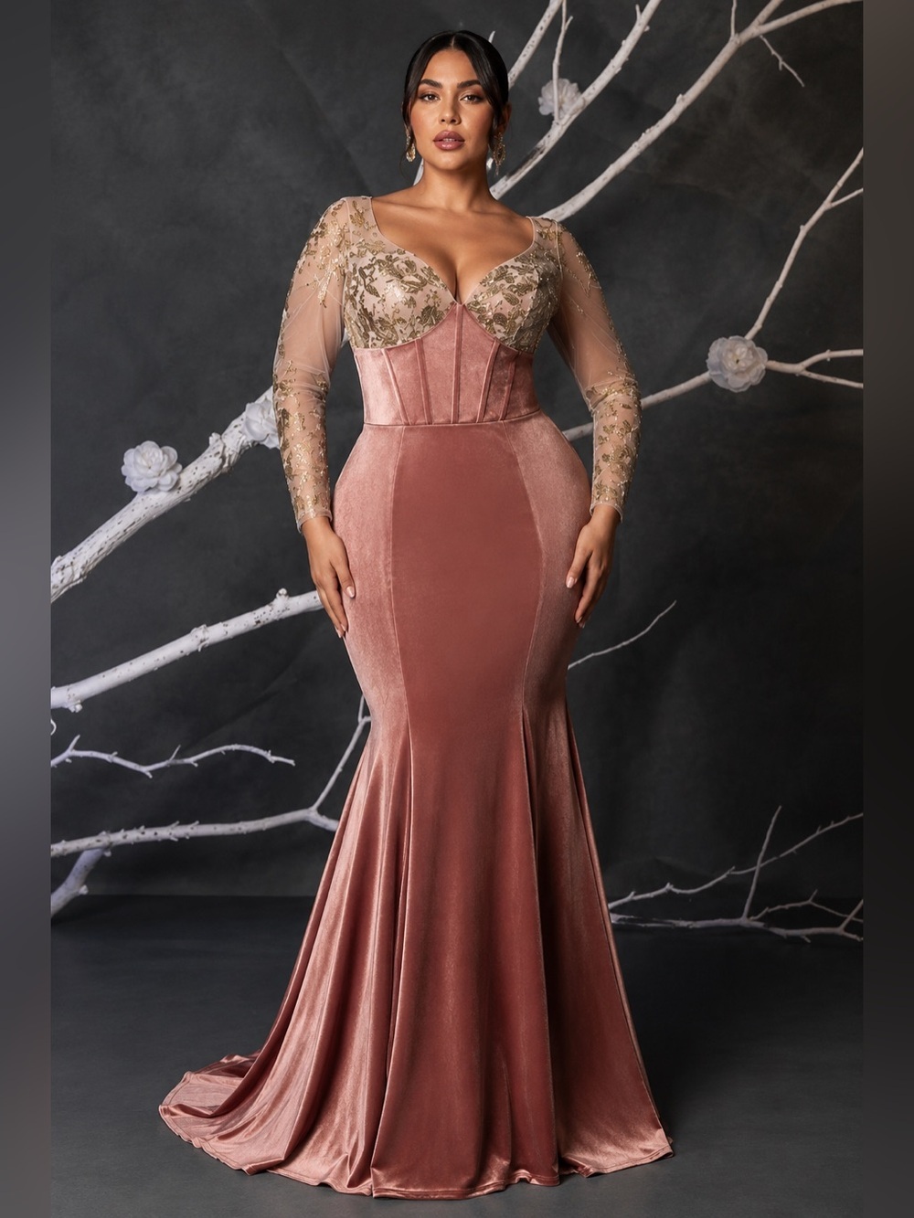 Dusty Pink Gold Velvet Mermaid Gown L BNWT